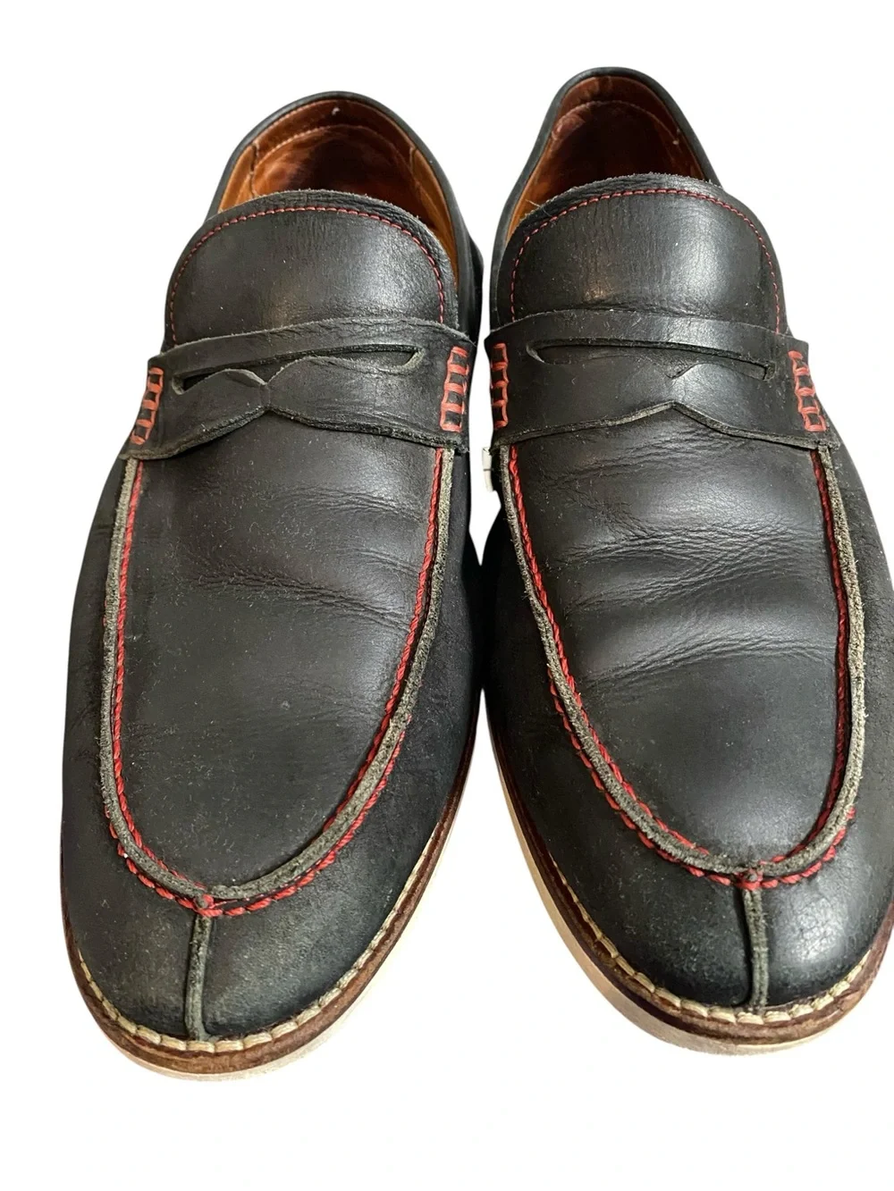 Men's Donald Pliner Dark Blue Leather Penny Loafers with Red Stitching Size 12